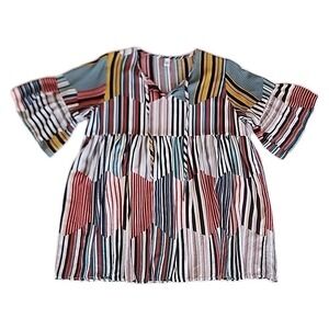 Womens Striped Patchwork Tunic Sz 3XL Bell Sleeve Boho Festival Hippie Peasant